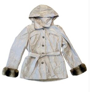 Danier Cream Sheen Color Belted Jacket with Hood and Removeable Rabbit Fur Cuffs